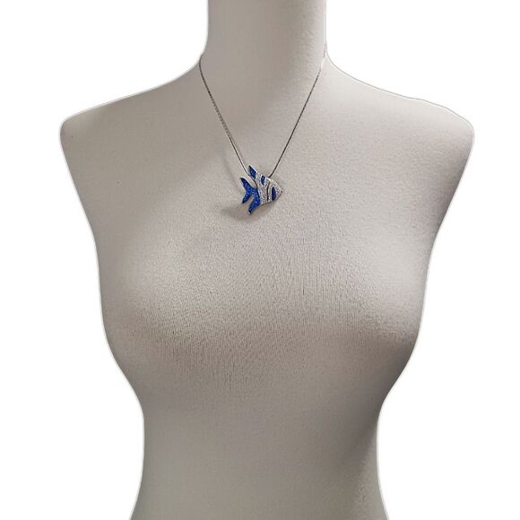 Tropical Fish Angelfish Pendant Necklace Pave Crystal Blue Clear Silver Tone - Picture 10 of 16